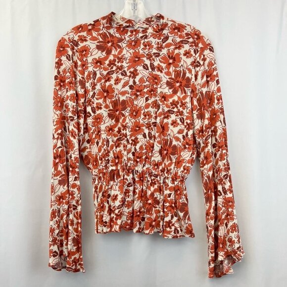 Andree By Unit Womens Blouse Multicolor Floral Bell Sleeve Cutout Back S New - Picture 1 of 12